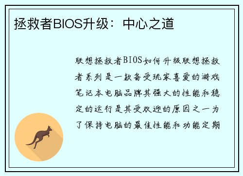 拯救者BIOS升级：中心之道